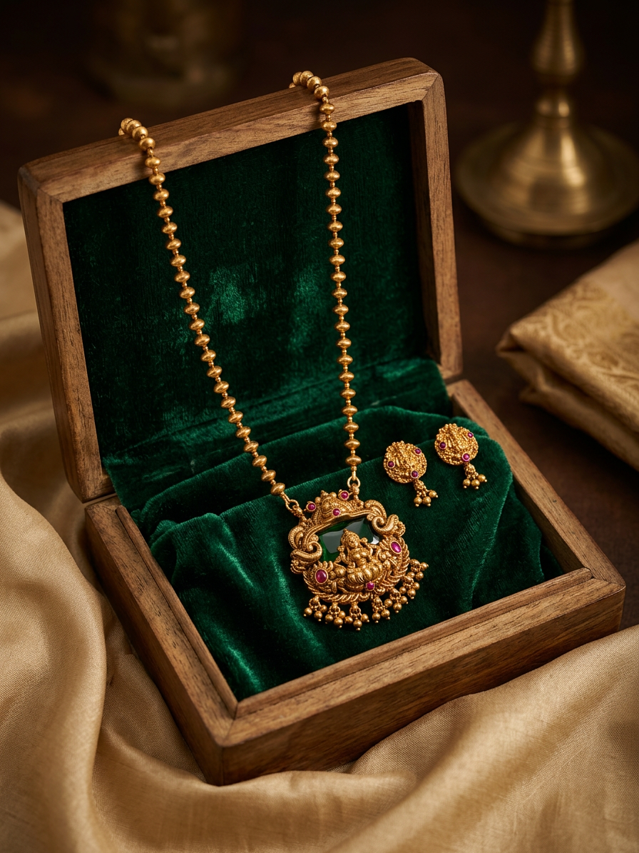 Antique Gold Beaded Emerald Lakshmi Pendant Necklace Set
