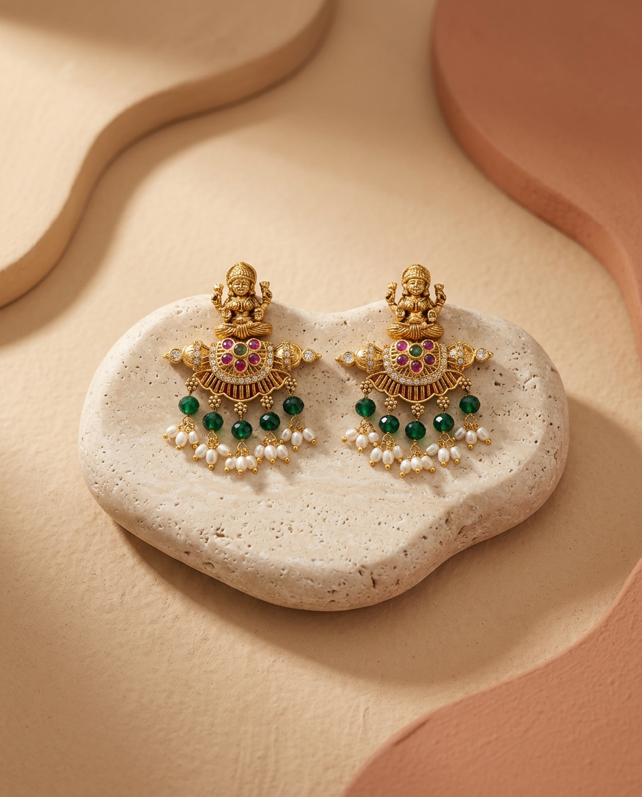 Antique Gold Lakshmi Fan-Shaped Temple Drop Earrings