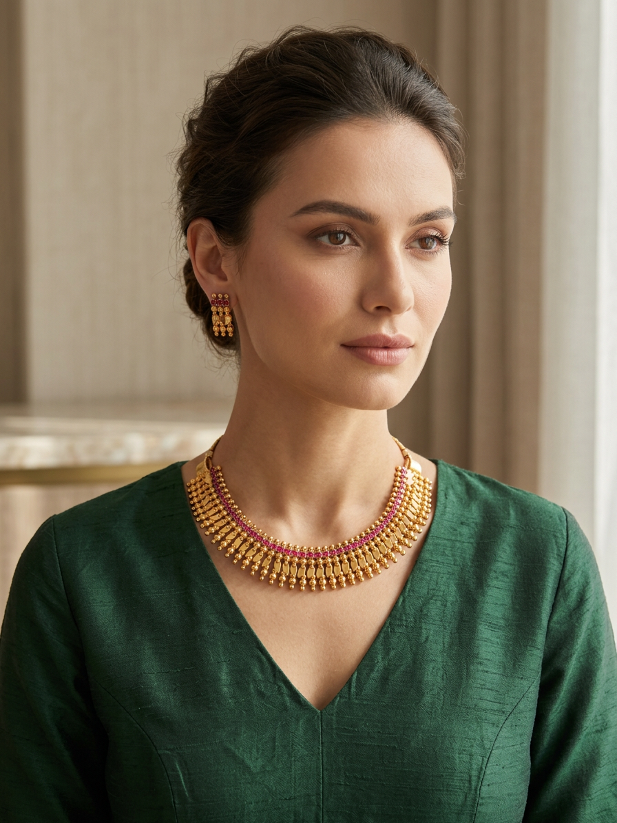 Aarna Traditional Kemp & Gold Motif Choker Set- Elakathali