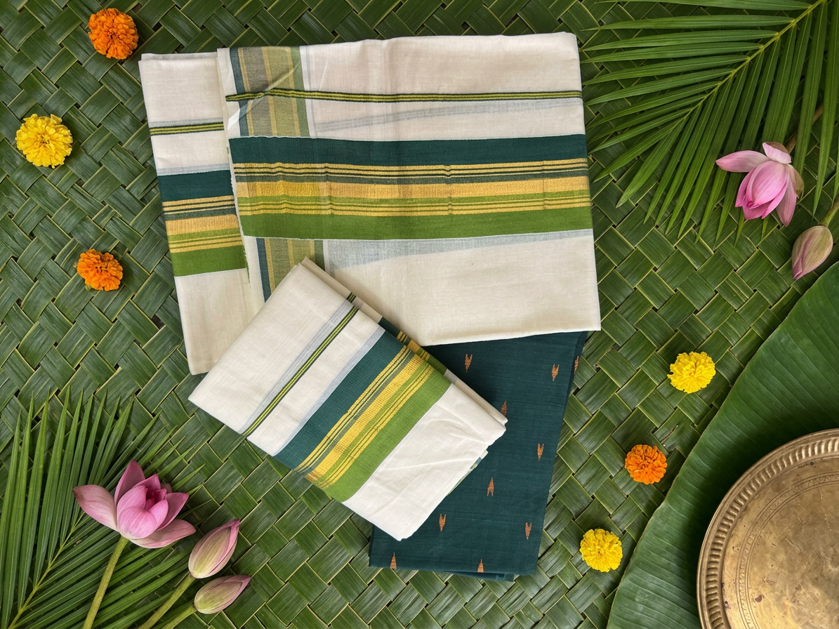 2.80 Meters Handwoven Pure Cotton Kerala Set Mundu Featuring an Emerald Green and Gold Kasavu Border Accompanied by a Woven Designer Blouse Piece