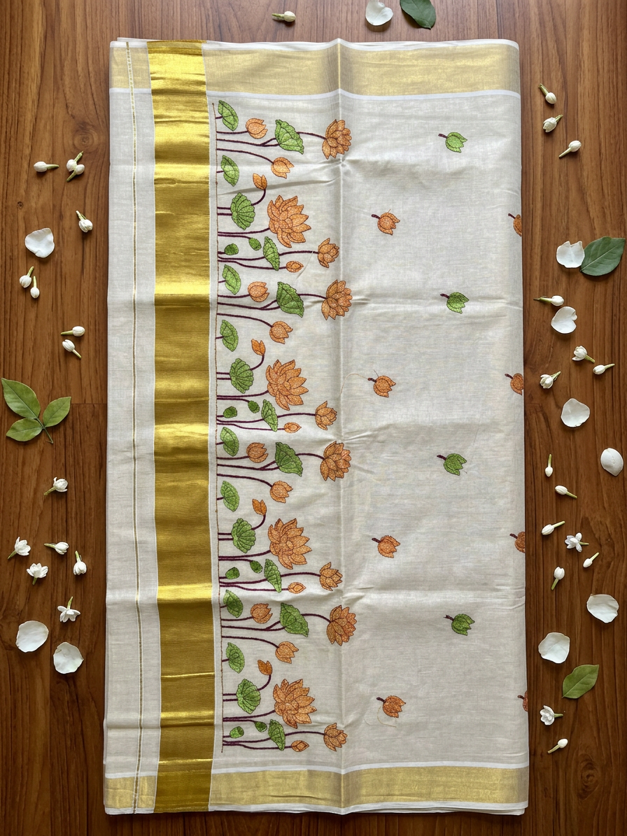 Blooming Lotus Kasavu Elegance - Tissue Saree
