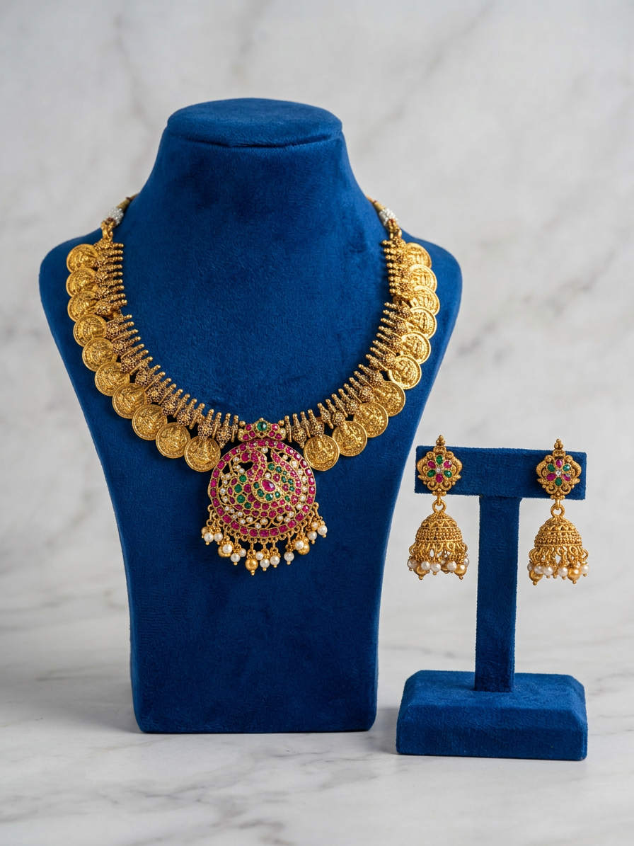Regal Antique Gold Kasu Mala with Ruby Emerald Peacock Pendant & Jhumka Set