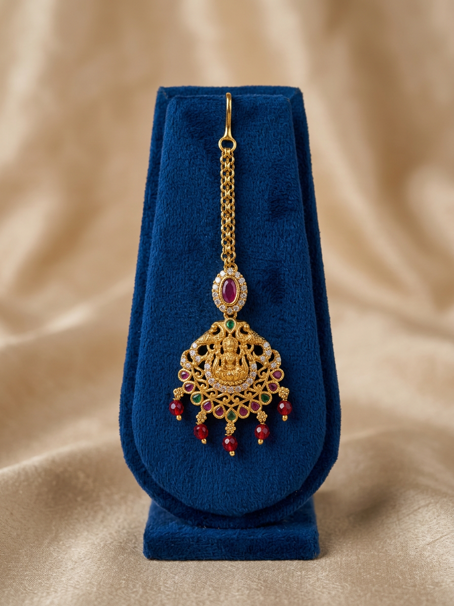 Antique Gold Lakshmi & Ruby CZ Maang Tikka