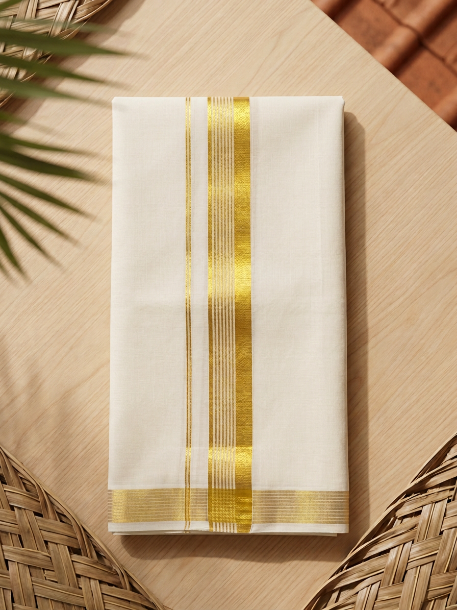 Regal Loom: Off-White Cotton Kasavu Mundu with Striped Gold Zari