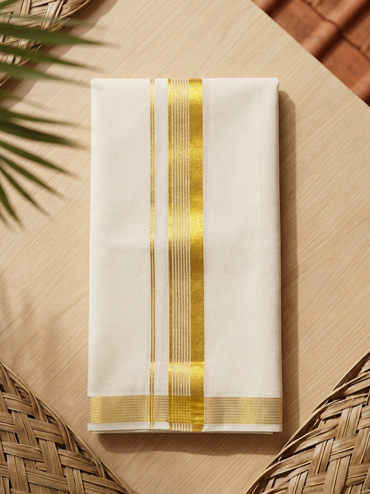 Regal Loom: Off-White Cotton Kasavu Mundu with Striped Gold Zari