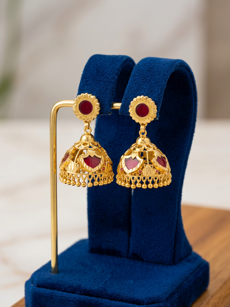 Traditional Kerala Gold Red Palakka Jhumka Earrings