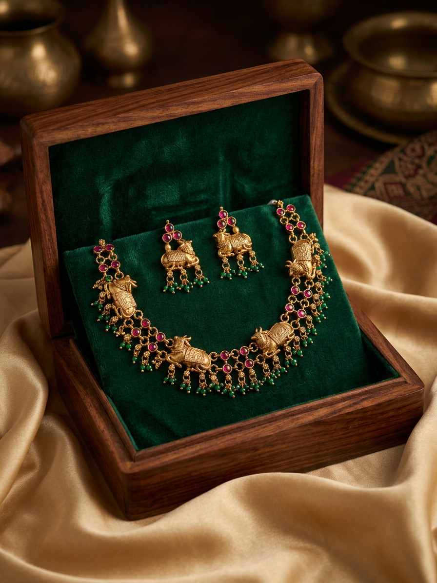 Antique Gold Cow Motif Temple Necklace Set
