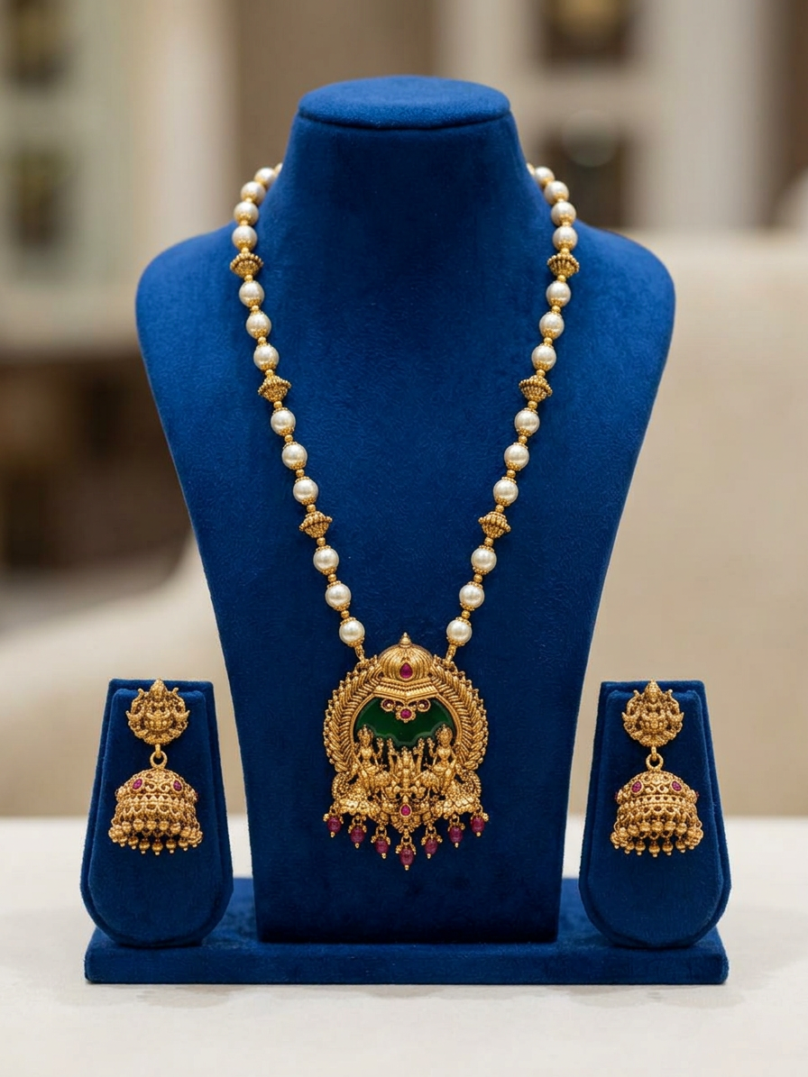 Antique Gold Temple Haram Necklace Set with Jhumkas