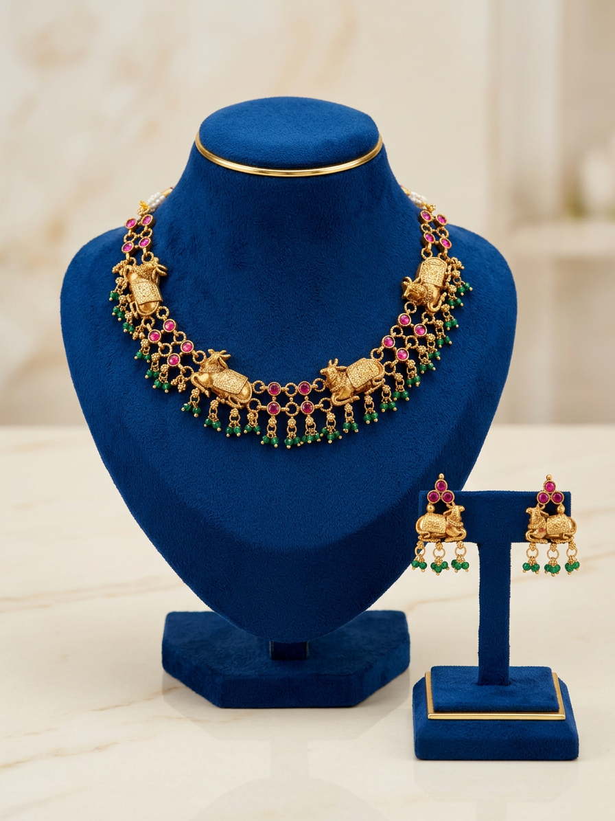 Antique Gold Cow Motif Temple Necklace Set