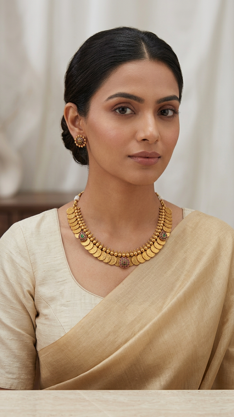 Traditional Matte Gold Kemp Motif Kasu Mala Set