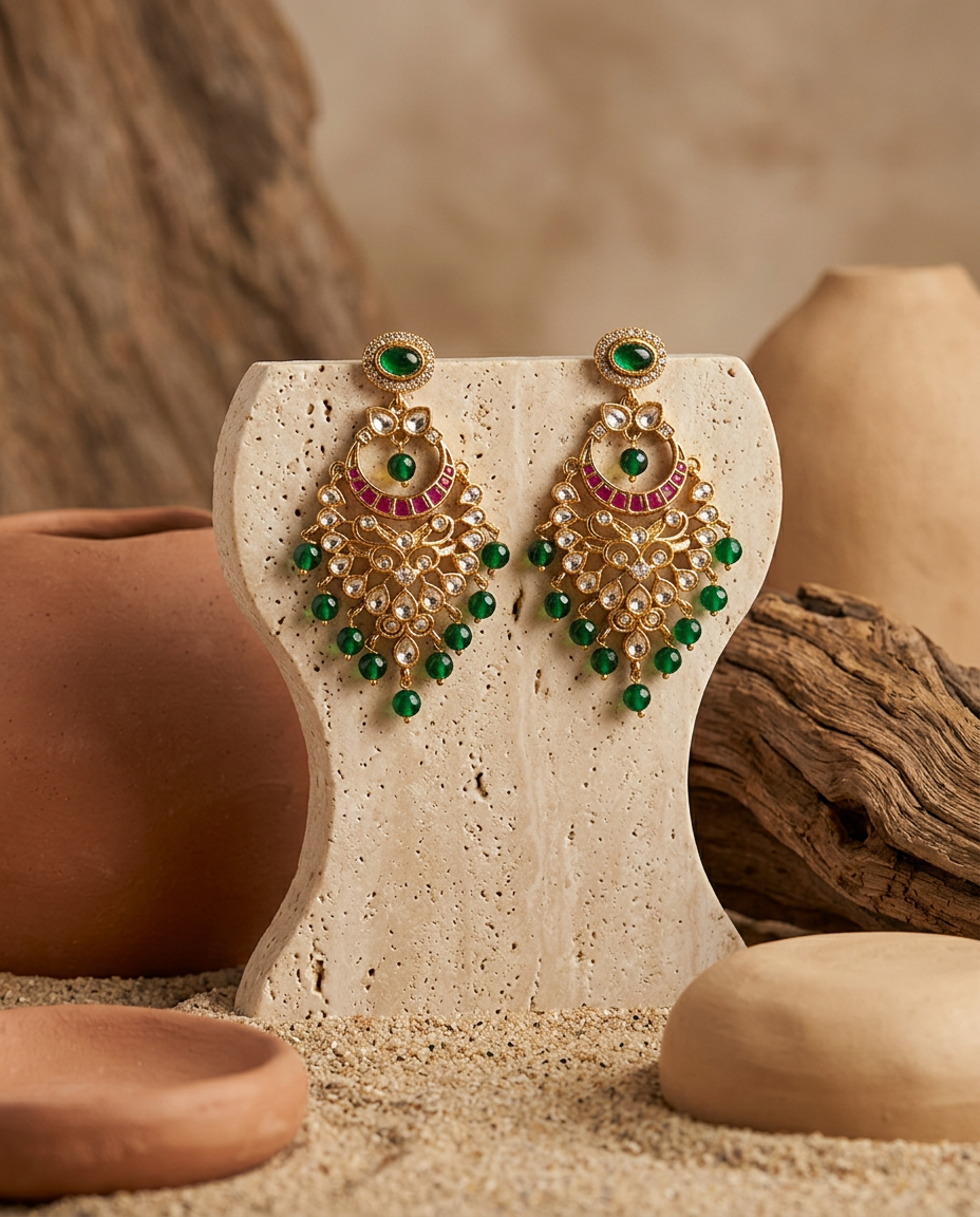 Gold Uncut Kundan & CZ Grand Chandbali Chandelier Earrings