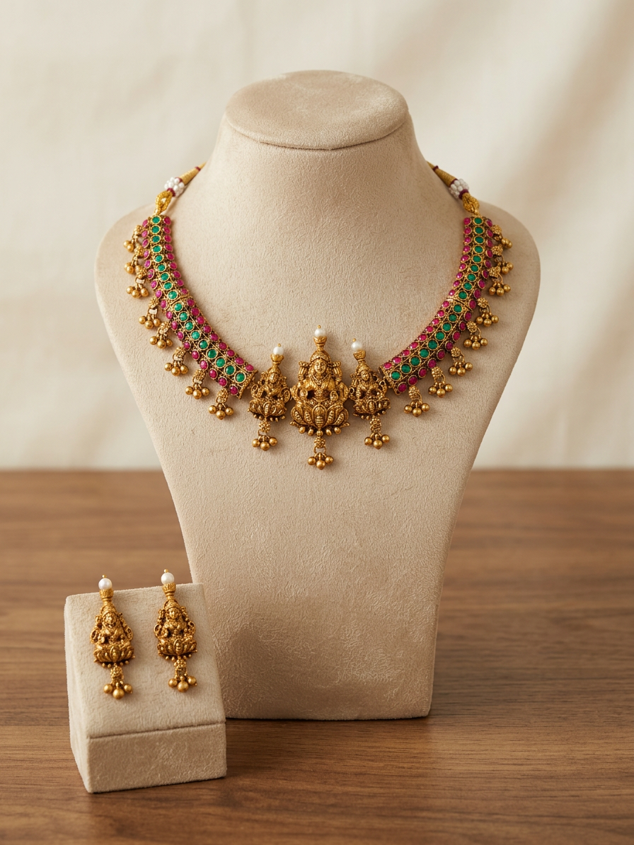 Traditional Antique Gold Goddess Lakshmi Kemp Necklace Set
