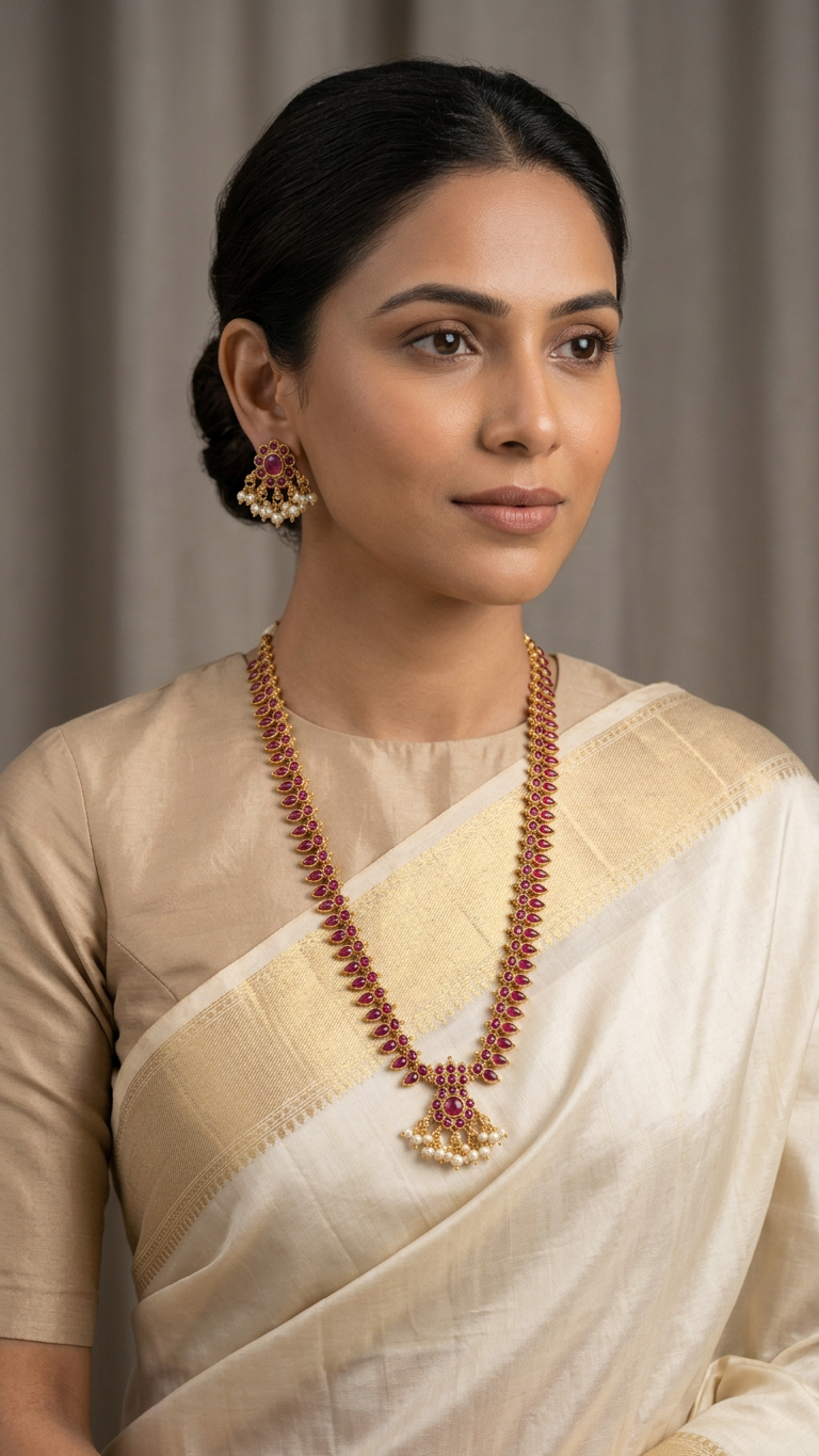 Regal Crimson Kemp Stone Long Haaram Set
