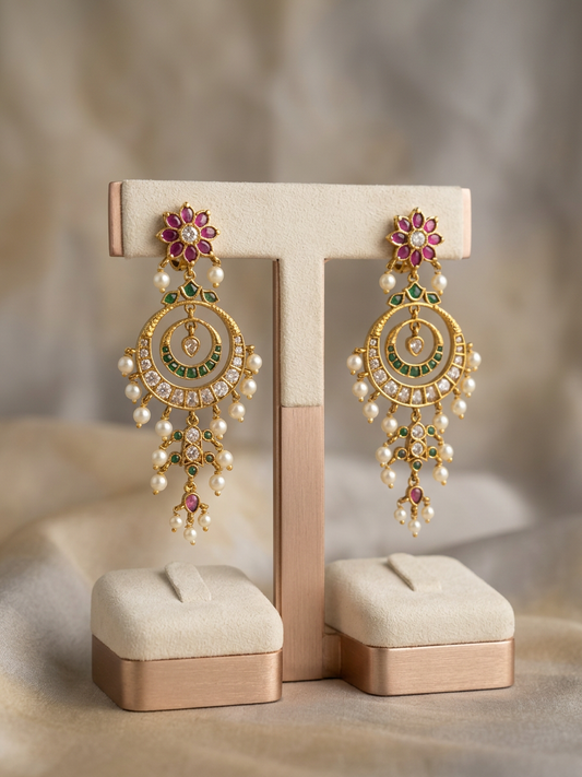 Padmavati Floral Ruby & Emerald CZ Chandelier Earrings