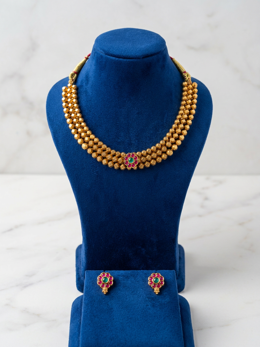 Antique Gold Beaded Mesh Choker Necklace Set with Floral Motif