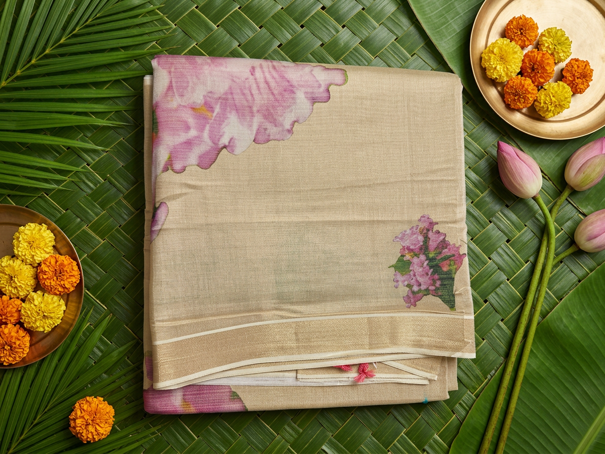 Blossoming Elegance: Pink Floral Printed Golden Tissue Saree