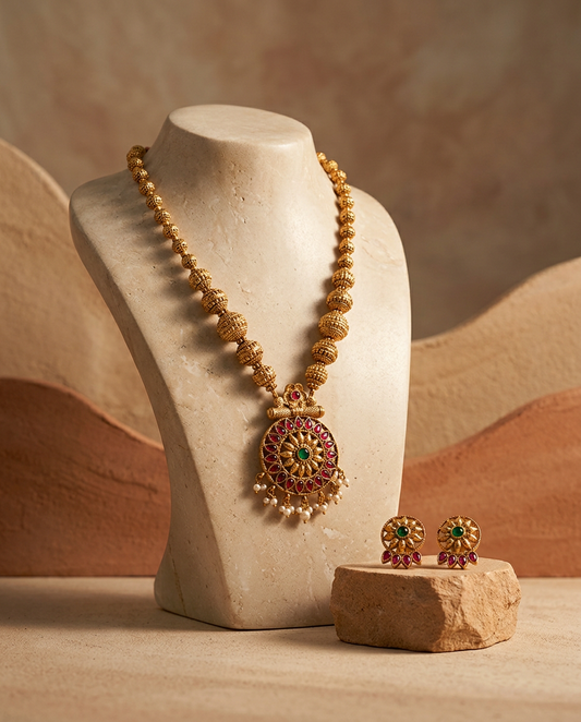 Reversible Antique Gold Floral & Peacock Necklace Set