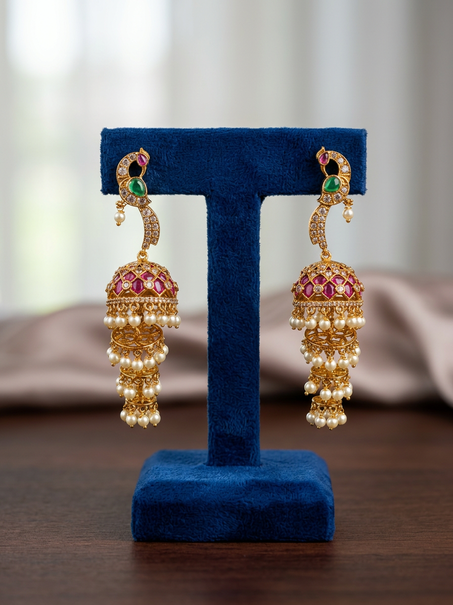 Antique Gold Peacock Multi-Tiered Ruby Jhumka Earrings