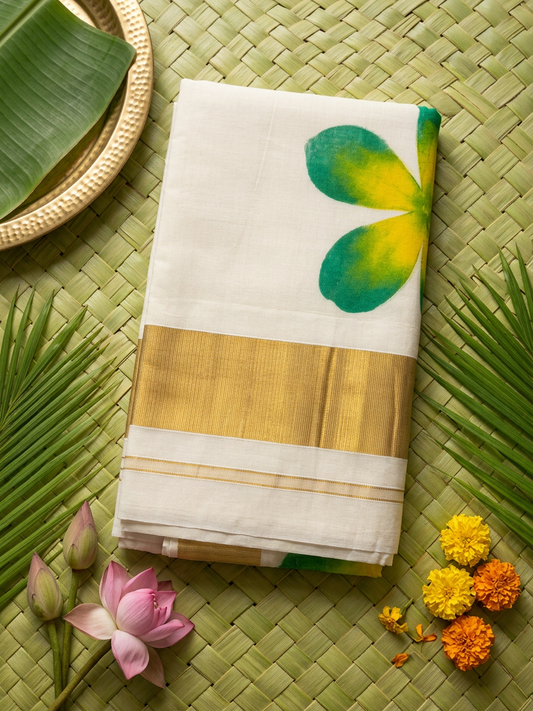 Harita Green & Yellow Floral Painted Kasavu Cotton Saree