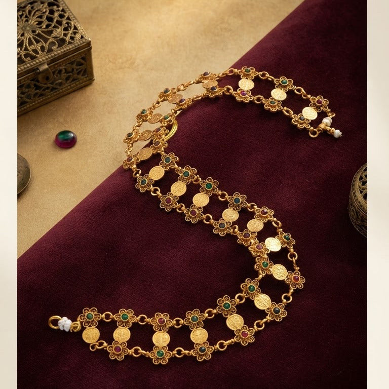 Traditional Antique Gold Floral Kasu Double-Layer Necklace Set