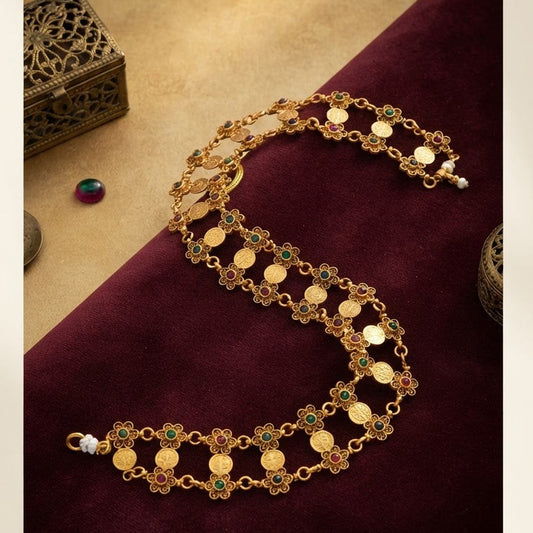 Traditional Antique Gold Floral Kasu Double-Layer Necklace Set