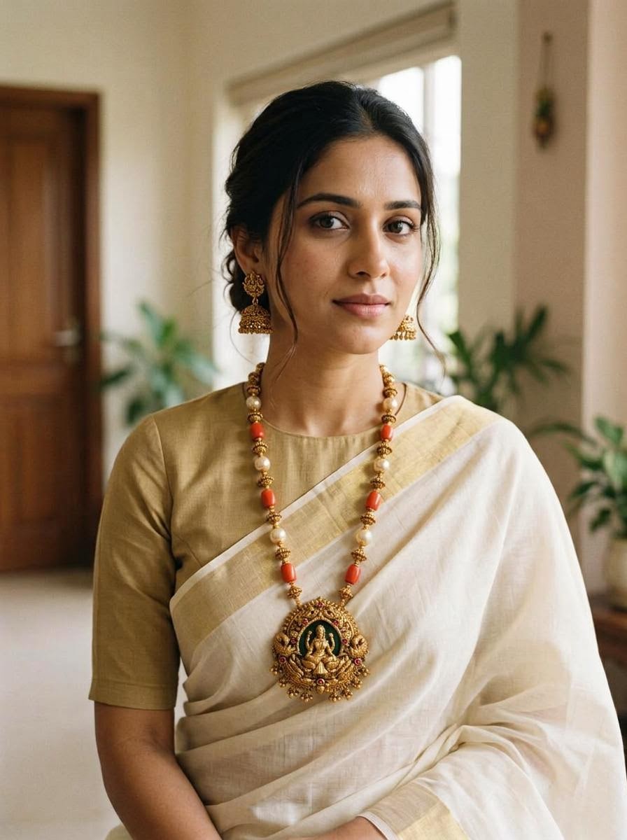 Regal Coral & Pearl Antique Gold Lakshmi Haram Set