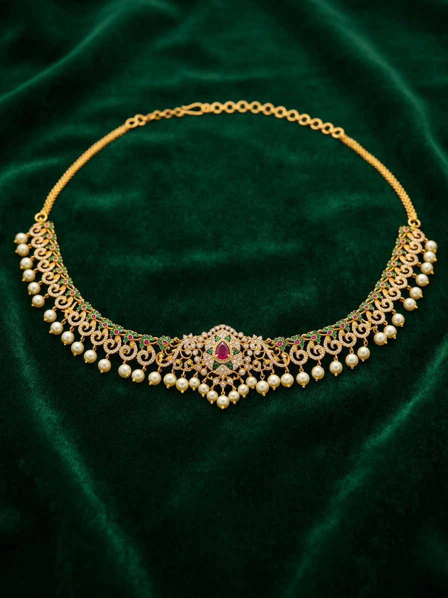 Radiant CZ & Pearl South Indian Bridal Vaddanam (Waist Belt)