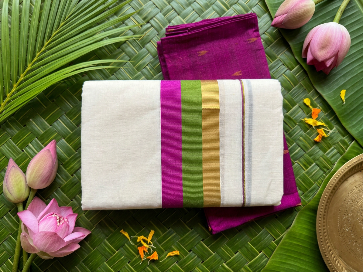 raditional Pure Cotton Kerala Set Mundu with a Matching Designer Blouse Piece