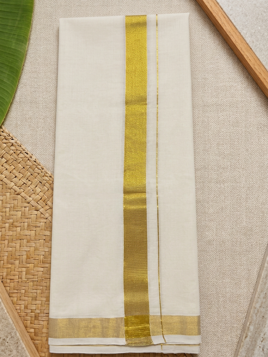 Regal Ivory: Off-White Cotton Kasavu Mundu with Solid Gold Zari
