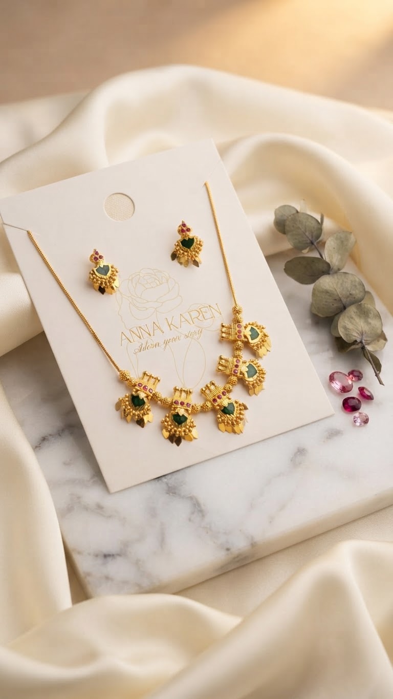 Traditional Kerala Green Palakka & Petal Fringe Necklace Set