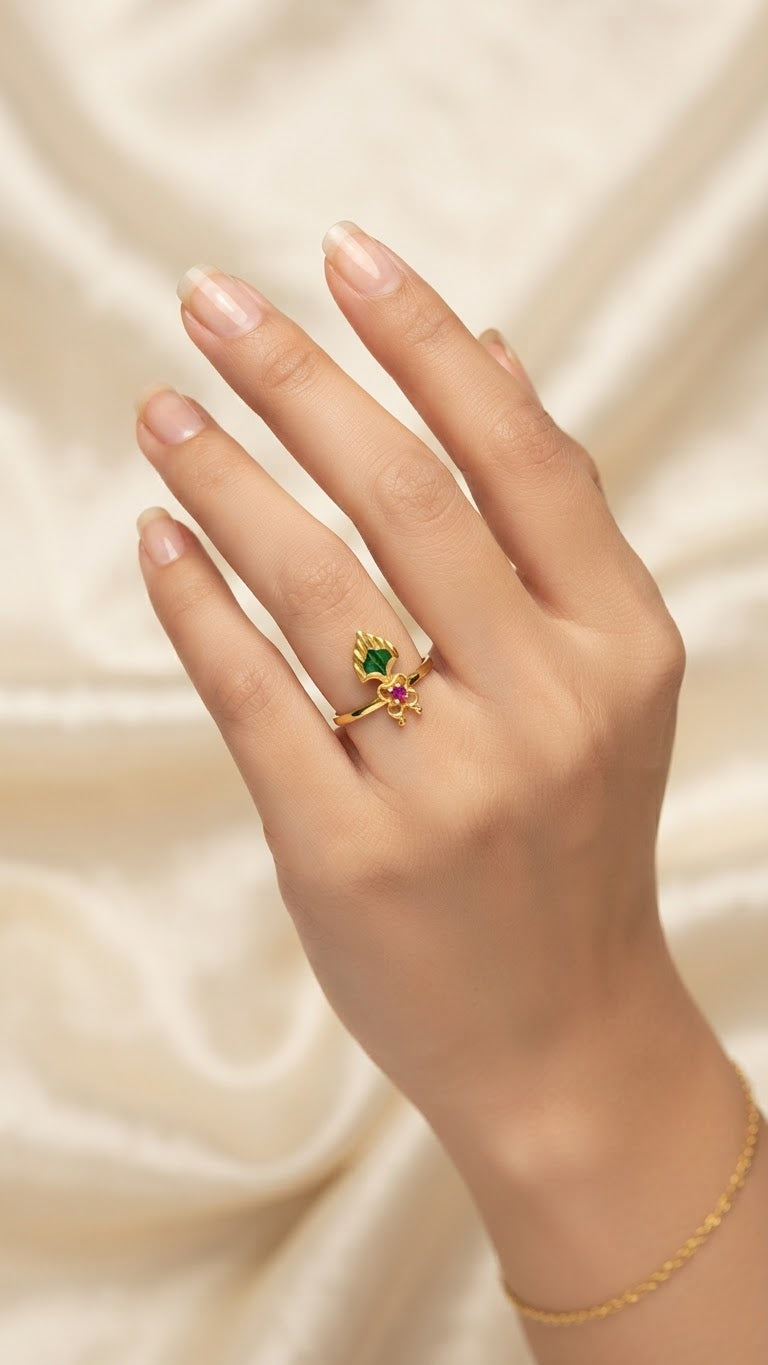 Gold Plated Traditional Kerala Palakka Motif Adjustable Finger Ring (Available in Green, Red, & Blue)
