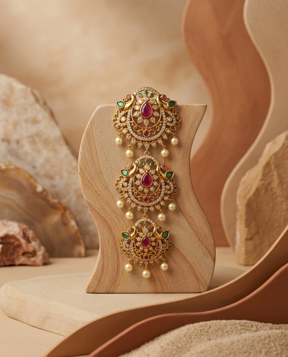 Gold Teardrop Ruby & Peacock Three-Tiered Jada Billa