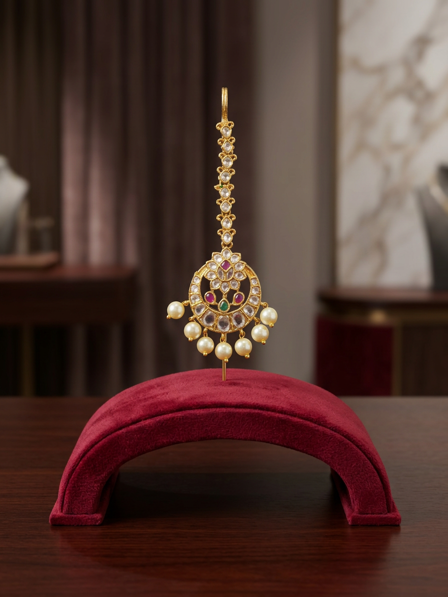 Classic Kundan & Pearl Chandbali Maang Tikka