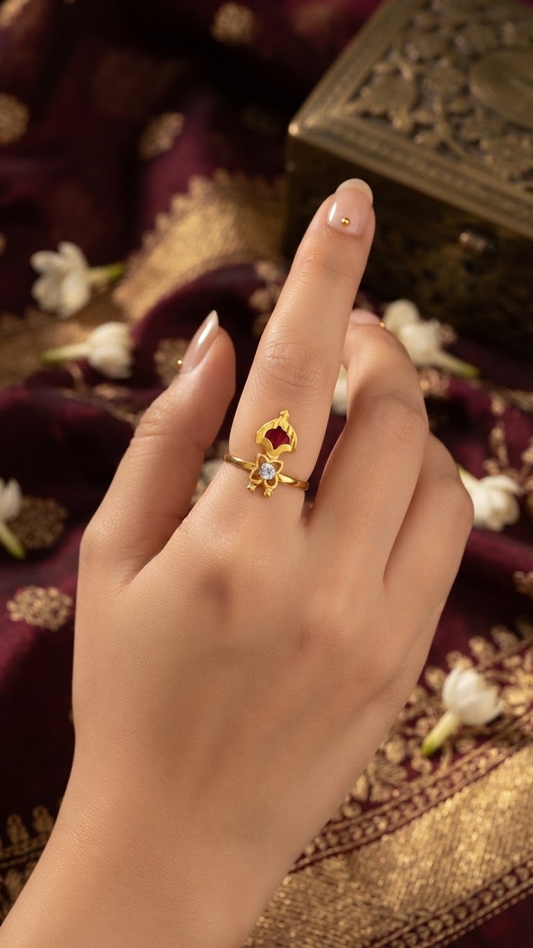 Gold Plated Traditional Kerala Palakka Motif Adjustable Finger Ring (Available in Green, Red, & Blue)