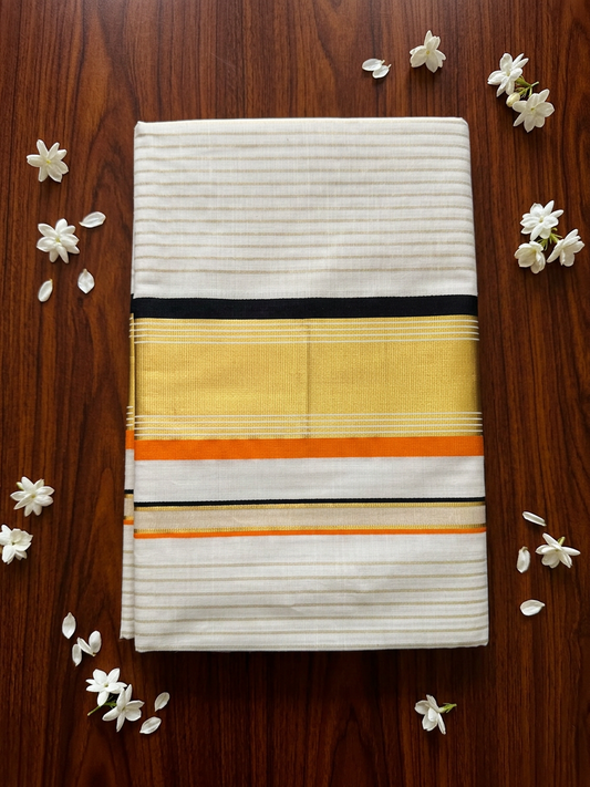 Off-White Cotton Saree with Fine Gold Zari Stripes, Resplendent Broad Gold Border, and Striking Black and Orange Edge Detailing