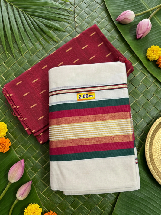 Pure Cotton Kerala Set Mundu Featuring a Vibrant Maroon, Emerald Green