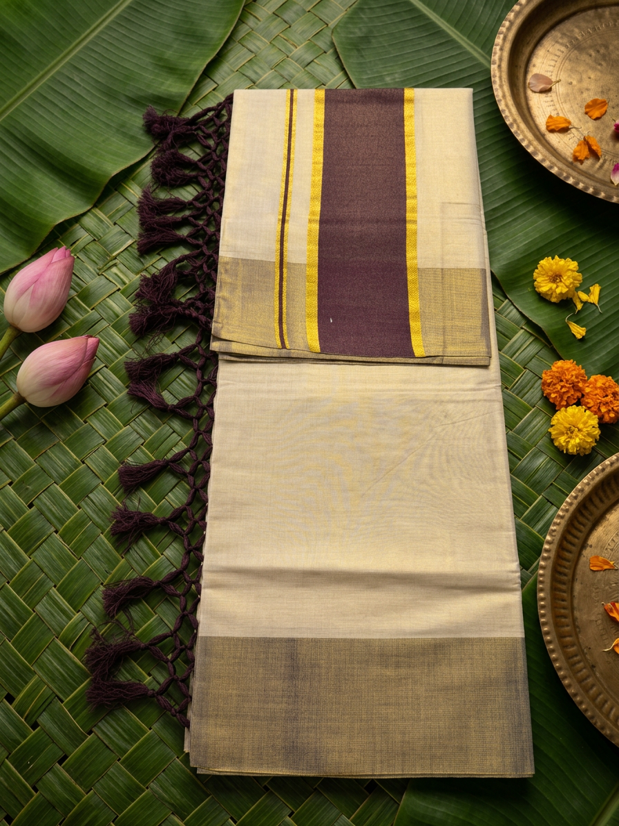 Deep Plum Banded Golden Tissue Saree with Macrame Tassels