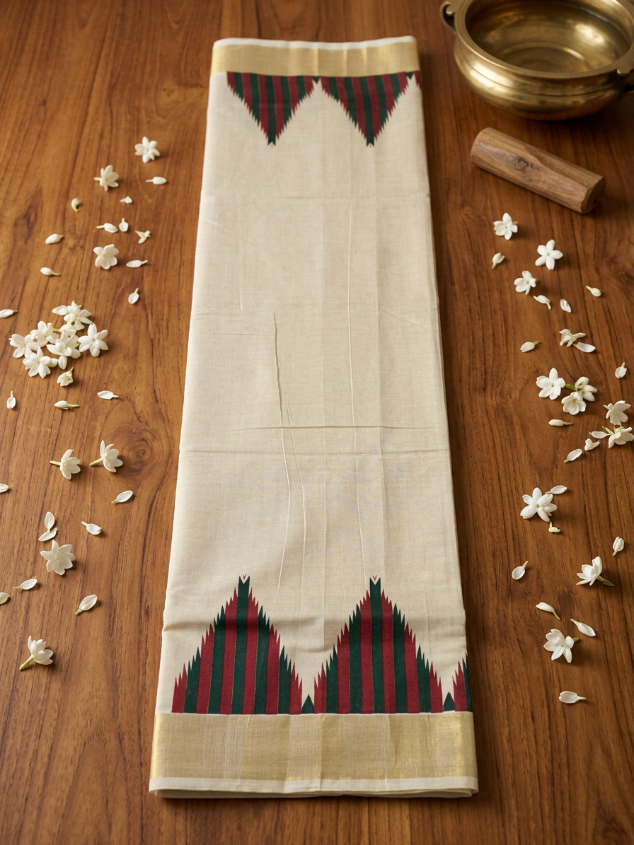 Off-White Tissue Saree with Resplendent Gold Zari Border and Striking Maroon and Green Geometric Temple Motifs