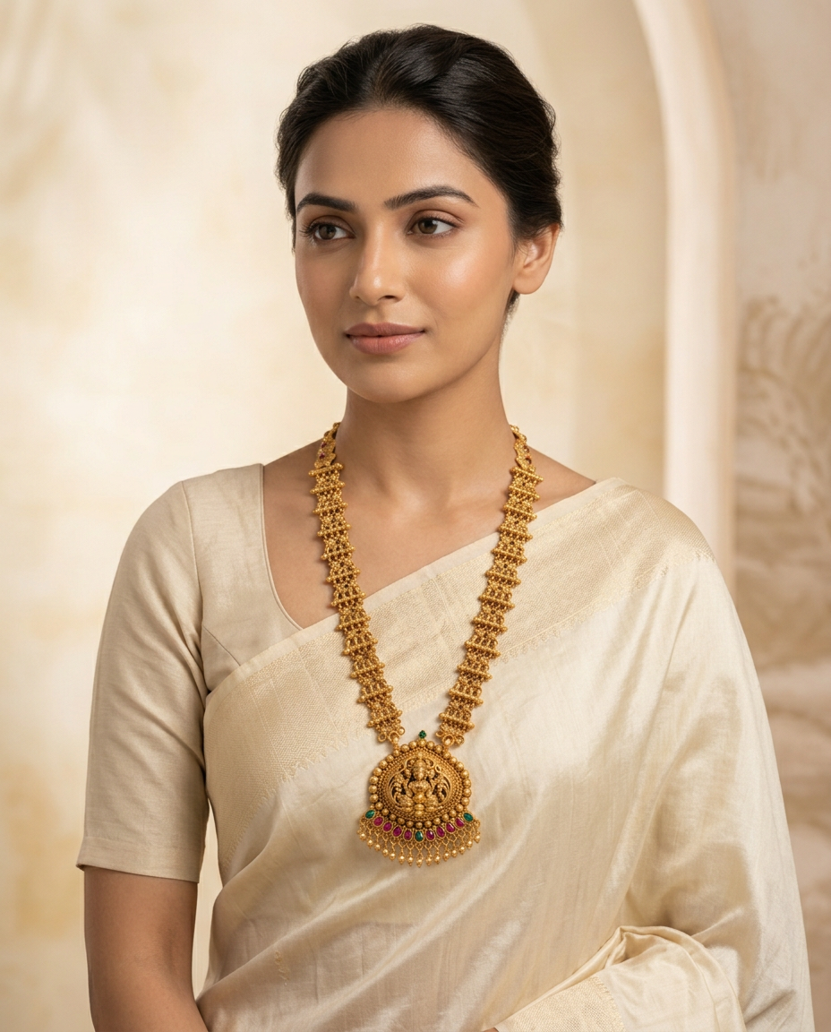 Antique Gold Goddess Lakshmi Long Haram Necklace