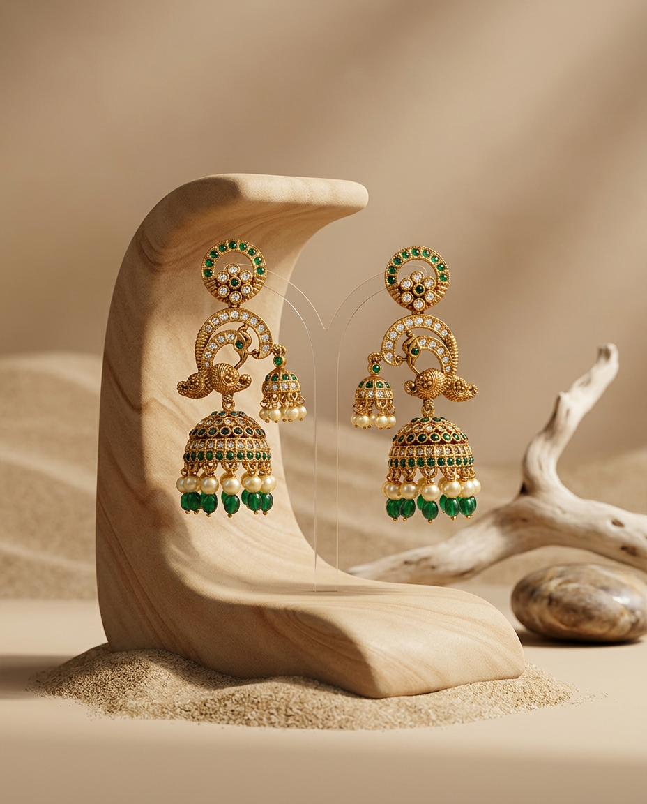 Antique Gold Peacock Double Jhumka Earrings
