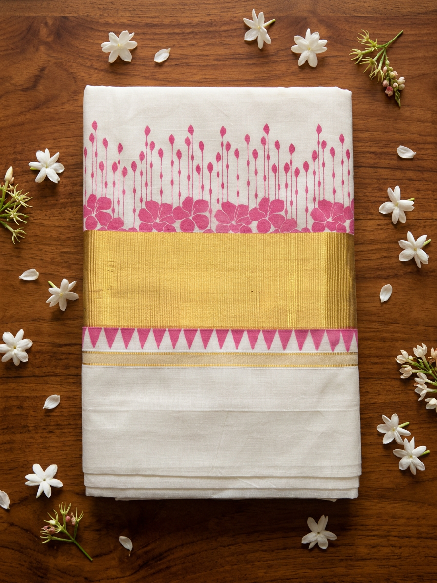 Fuchsia Flora Temple Border Kasavu Saree