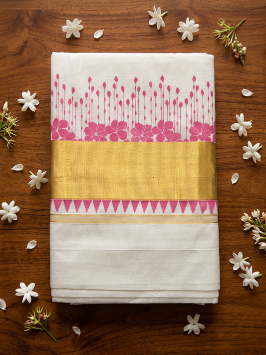 Fuchsia Flora Temple Border Kasavu Saree