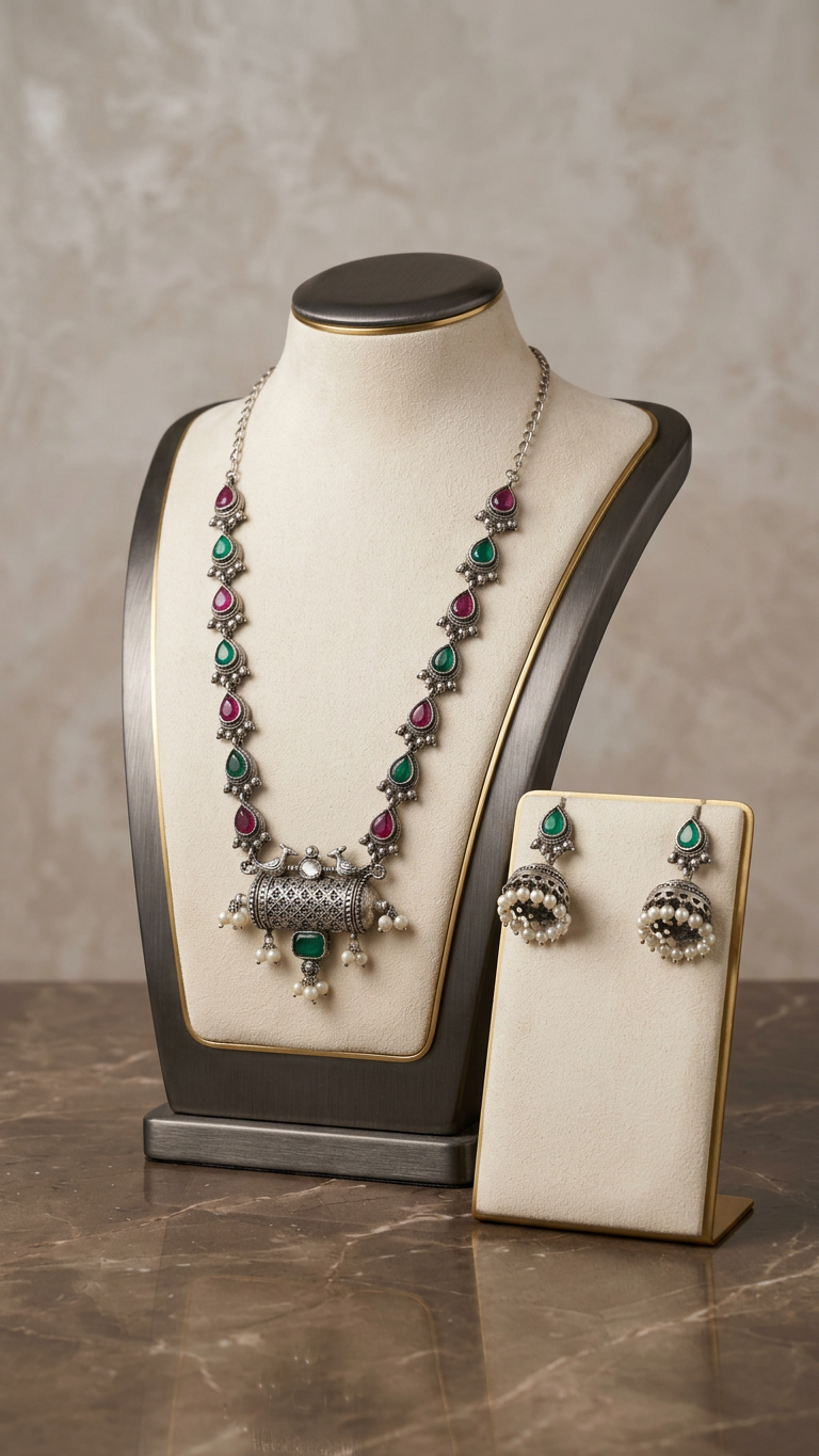 Oxidized Silver Peacock Cylinder & Kemp Stone Haaram Set