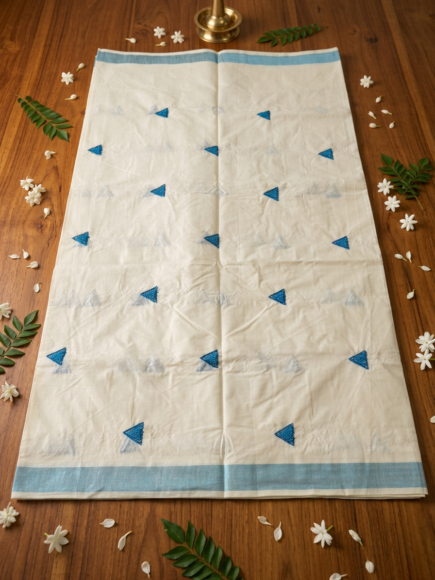 Azure Prism Textured Motif Kerala Cotton Saree