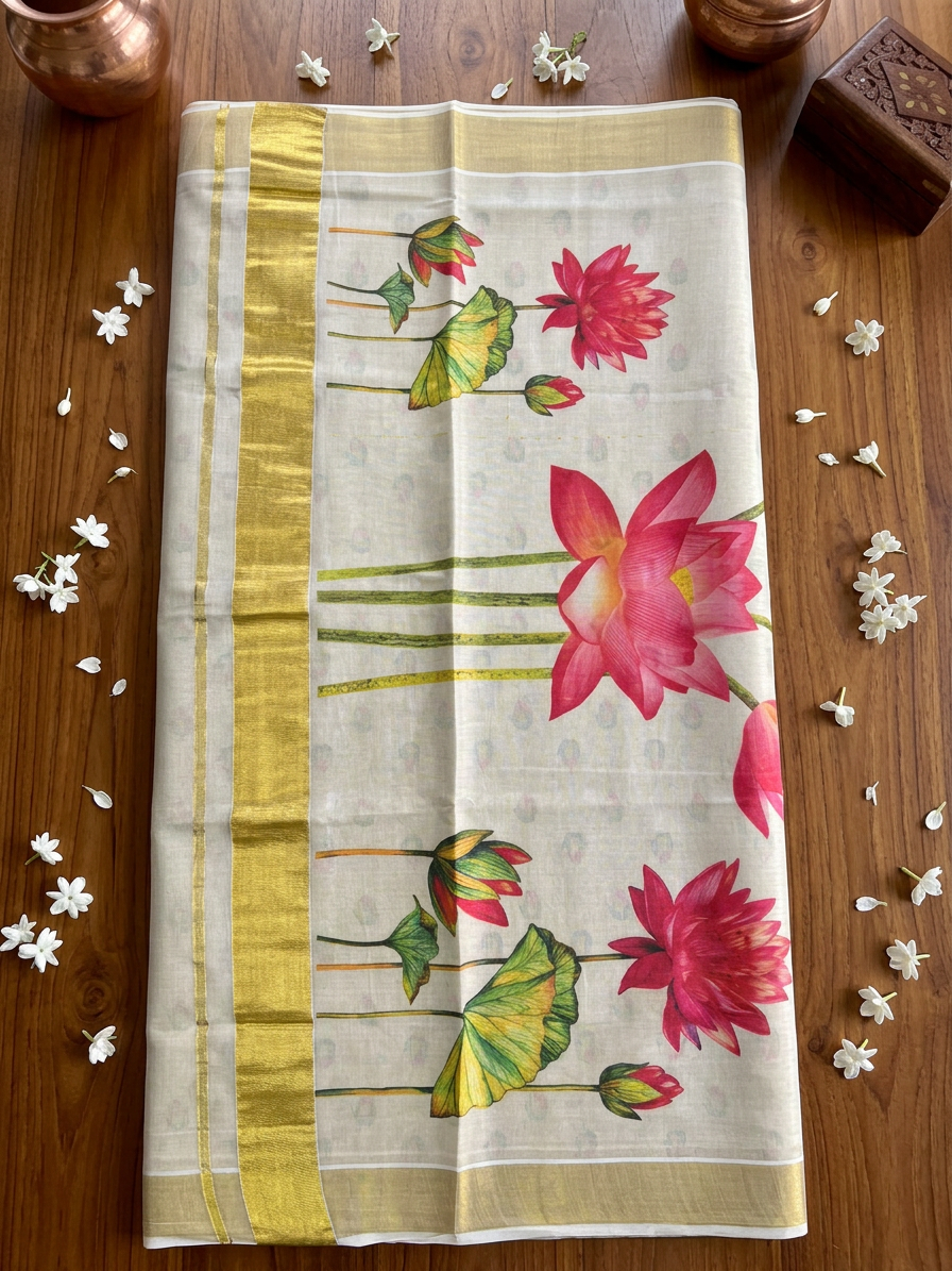 Sacred Lotus Garden Kerala Kasavu Tissue Cotton Saree with Printed Blouse Material