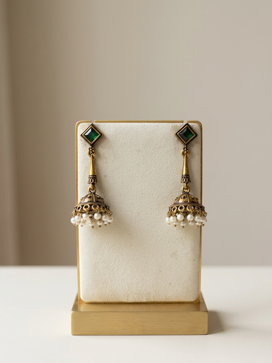 Rhombus Stone Antique Gold Pearl Jhumka Earrings