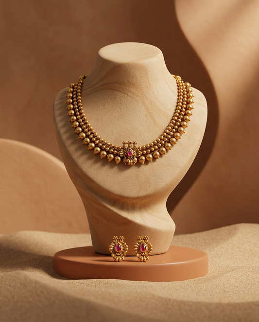 Traditional Triple-Layered Antique Gold Bead Choker Set