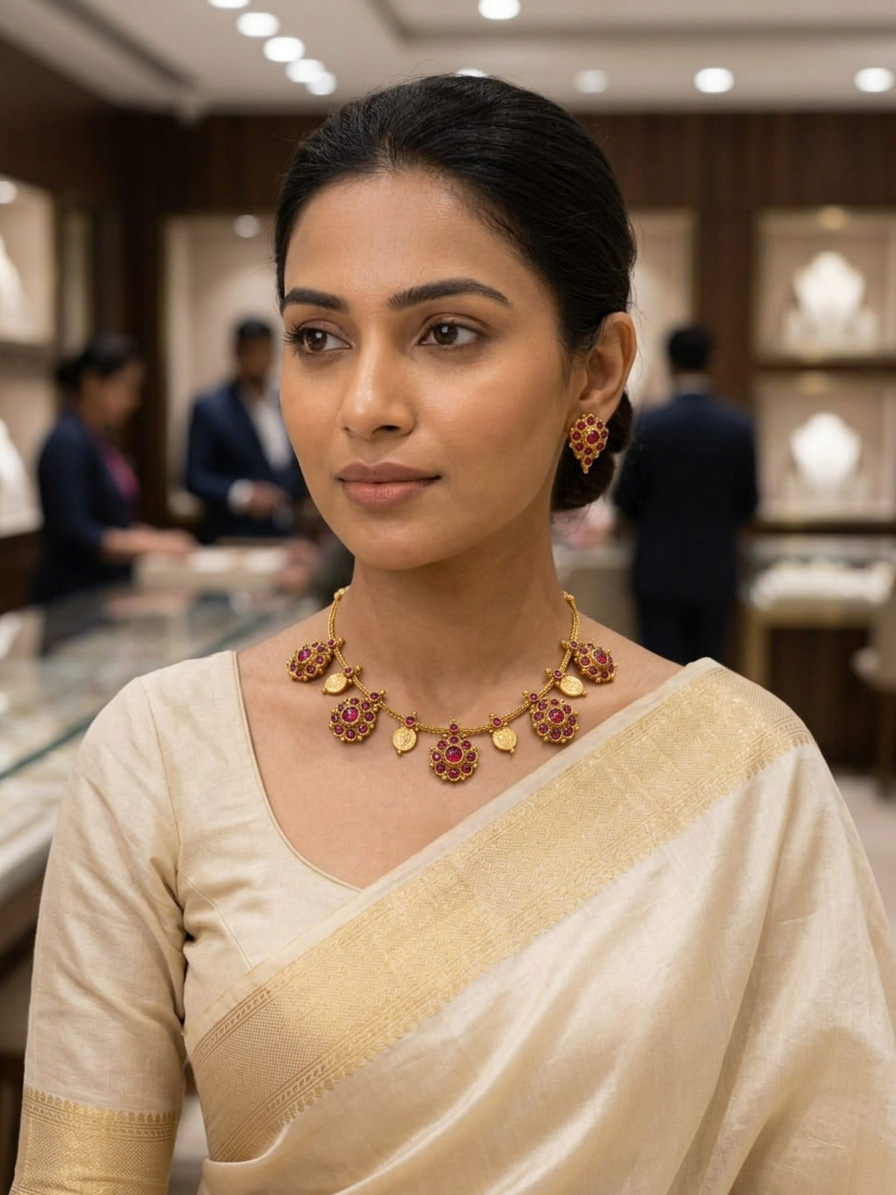 Traditional Matte Gold Floral Kemp & Kasu Necklace Set (Available in Ruby & Emerald)