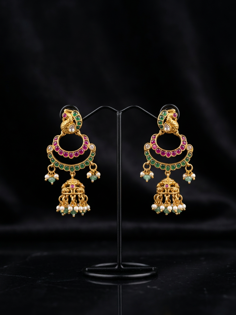 Mayuri Antique Peacock Chandbali Jadyu Kundan Jhumka Earrings