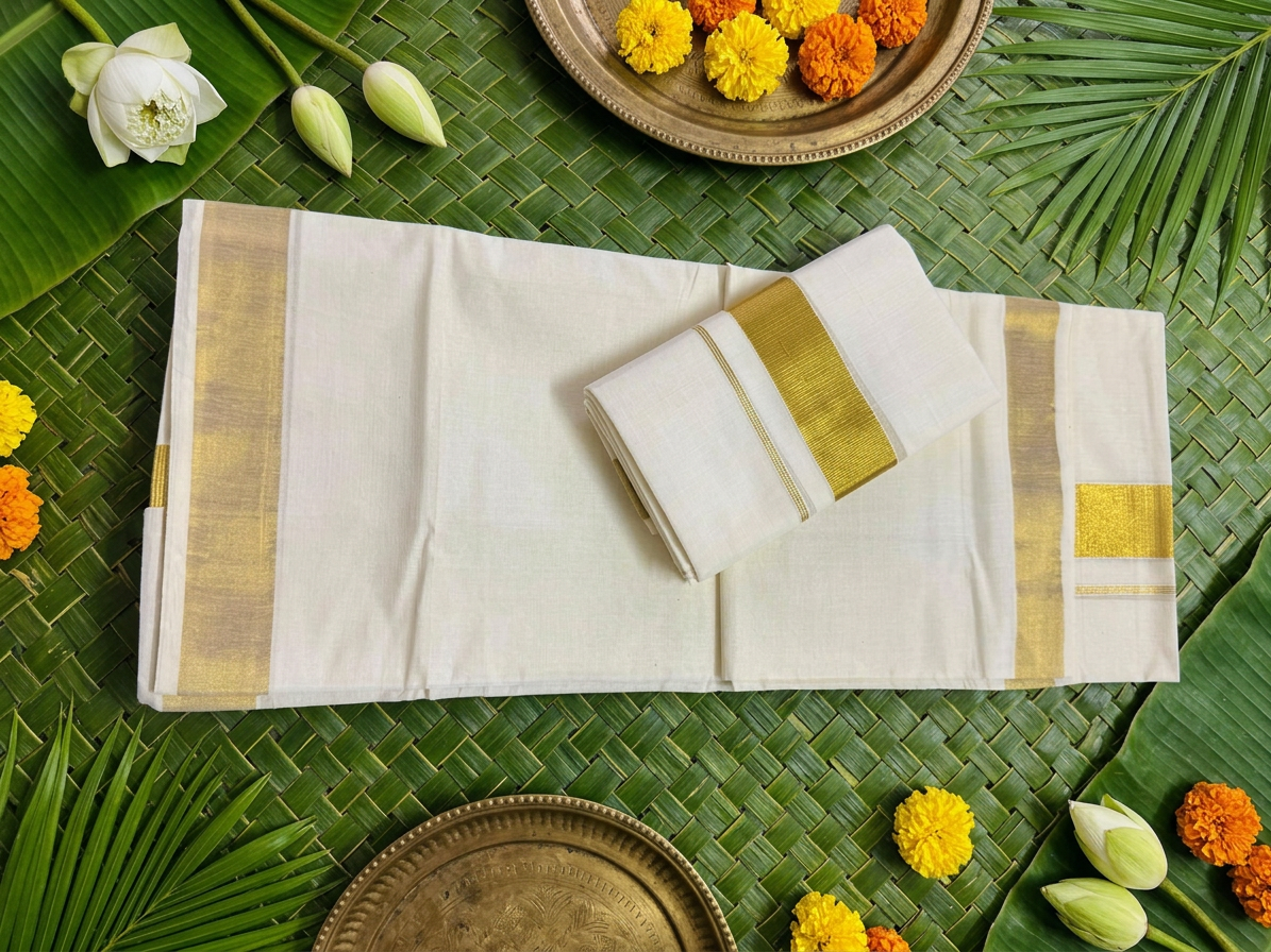 Pure Cotton Classic Kerala Set Mundu with Shimmering Golden Kasavu